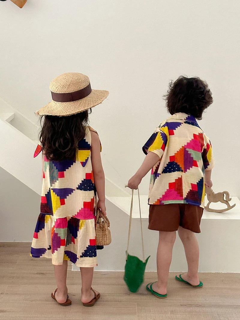 MILANCEL Summer Cotton Clothing Set for Kids (Ages 4-6Y) – Unisex Vacation Outfit with Printed Shirt and Shorts