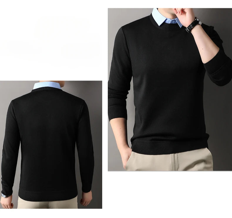 NoEnName_Null Men's Casual Pullover – Wool & Lycra Blend with Turn-Down Collar