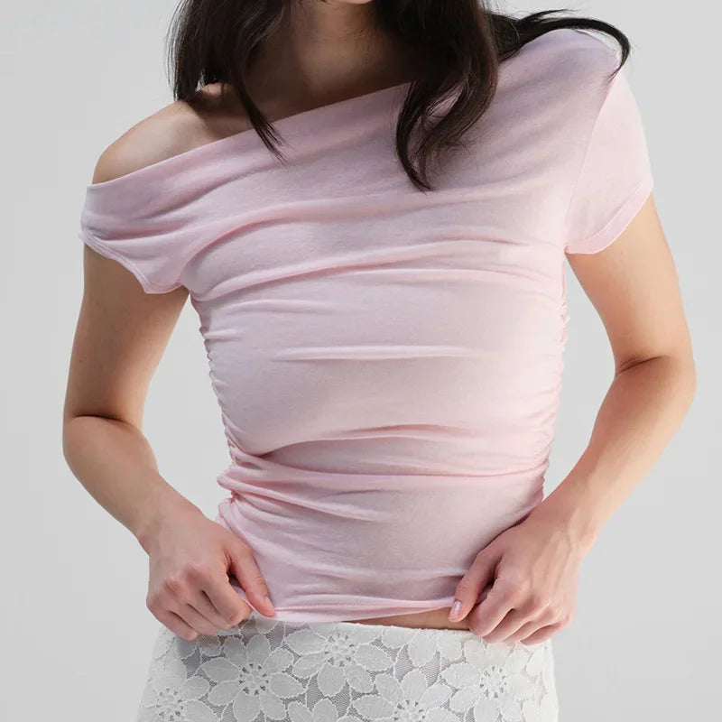Vamos Todos Y2K Asymmetrical Skew Collar Slim Fit Tee for Women – Streetwear Summer Top