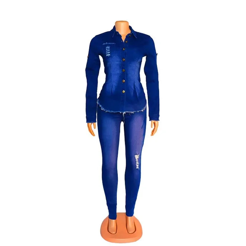 Wulend Casual Denim Two-Piece Set for Women - Solid Button-Front Turn-Down Collar Skinny Fit Jeans Suit