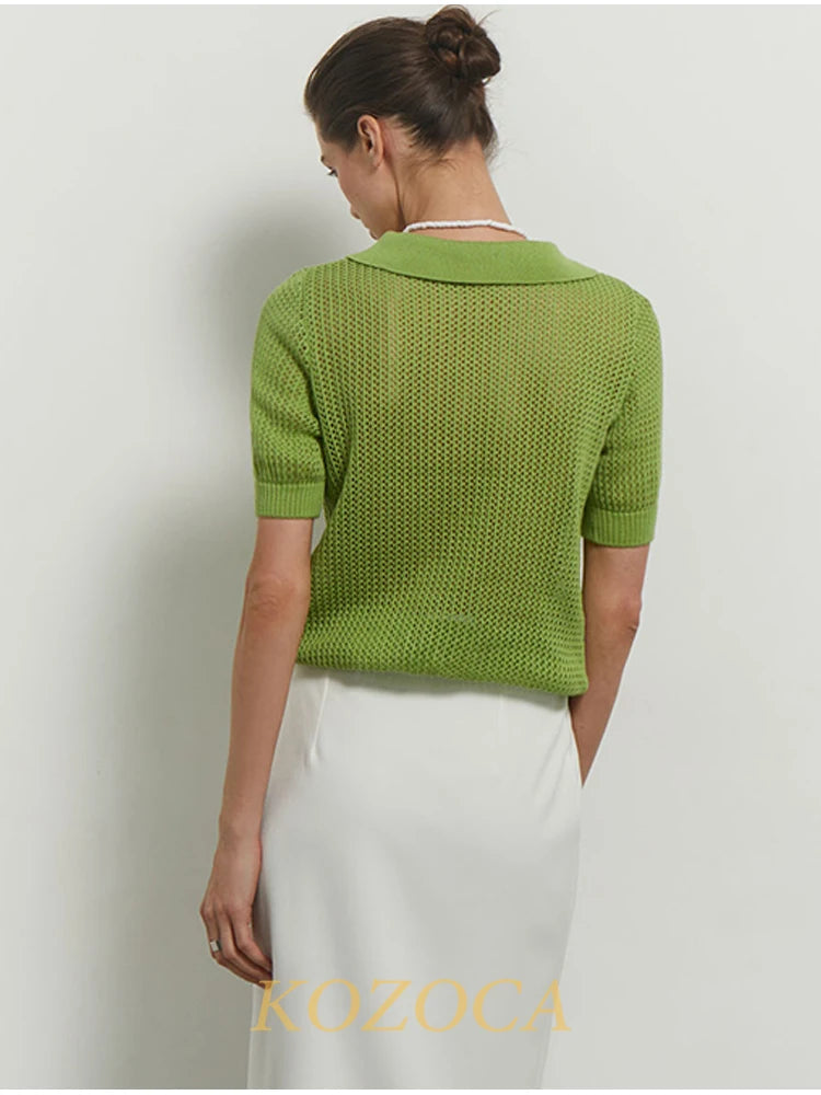KOZOCA Women's Hollow-Out Knit T-shirt – Casual Solid Spring/Summer Top