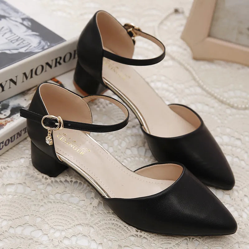 YZZJALK Women's Pointed Toe Pumps with Square Heel & Buckle Strap - Office Lady Style