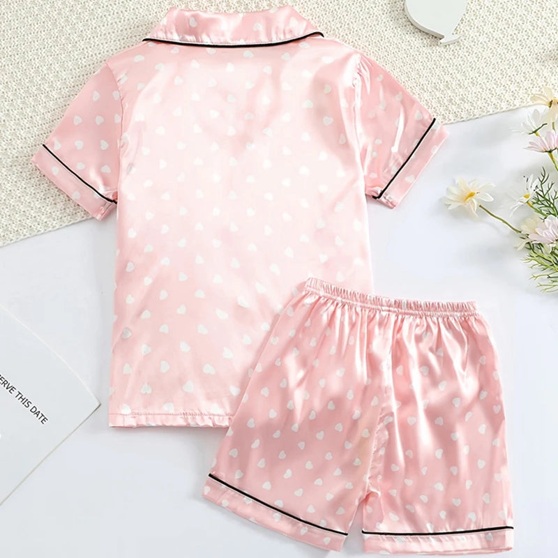 NoEnName_Null Girls' Satin V-Neck Print Sleepwear - Comfortable Summer Pajamas