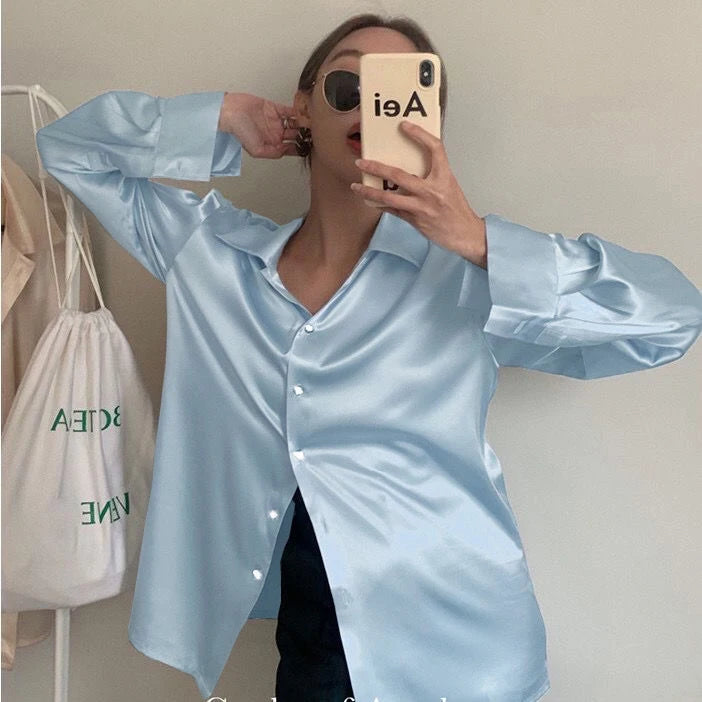 SUYISODA Women's Casual Satin Shirt - Office Lady Style with Button Decoration & Turn-down Collar