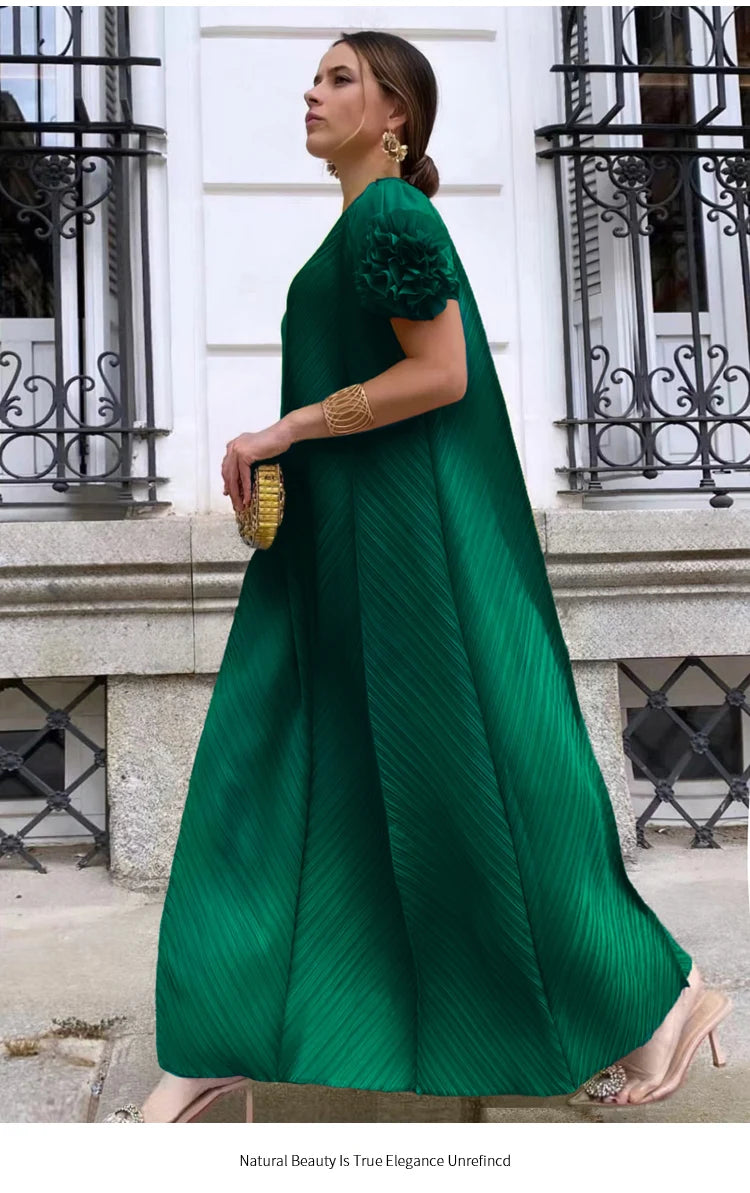 NoEnName_Null Women’s Asymmetrical Neckline A-Line Pleated Long Skirt Dress – Casual Retro Style, Mid-Calf Length