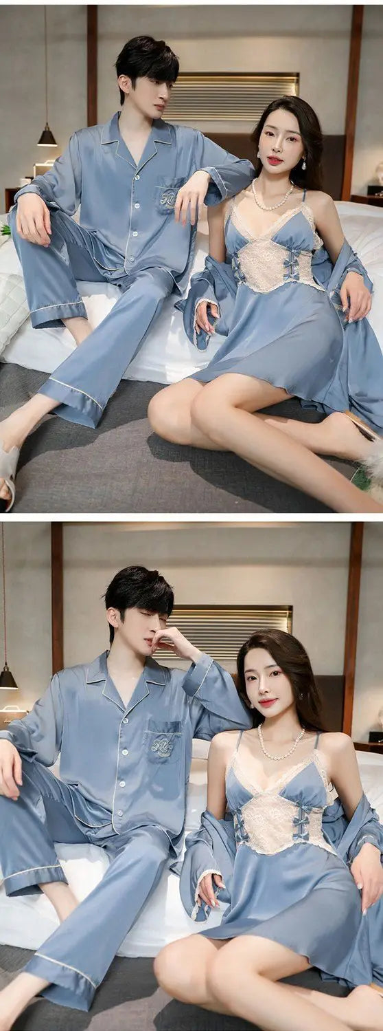 Men Women High Quality Satin Couple Pajamas Gown Set Sexy Hollowout Lace  Spaghetti Straps V-Neck Long Sleeves Pants Loungewear