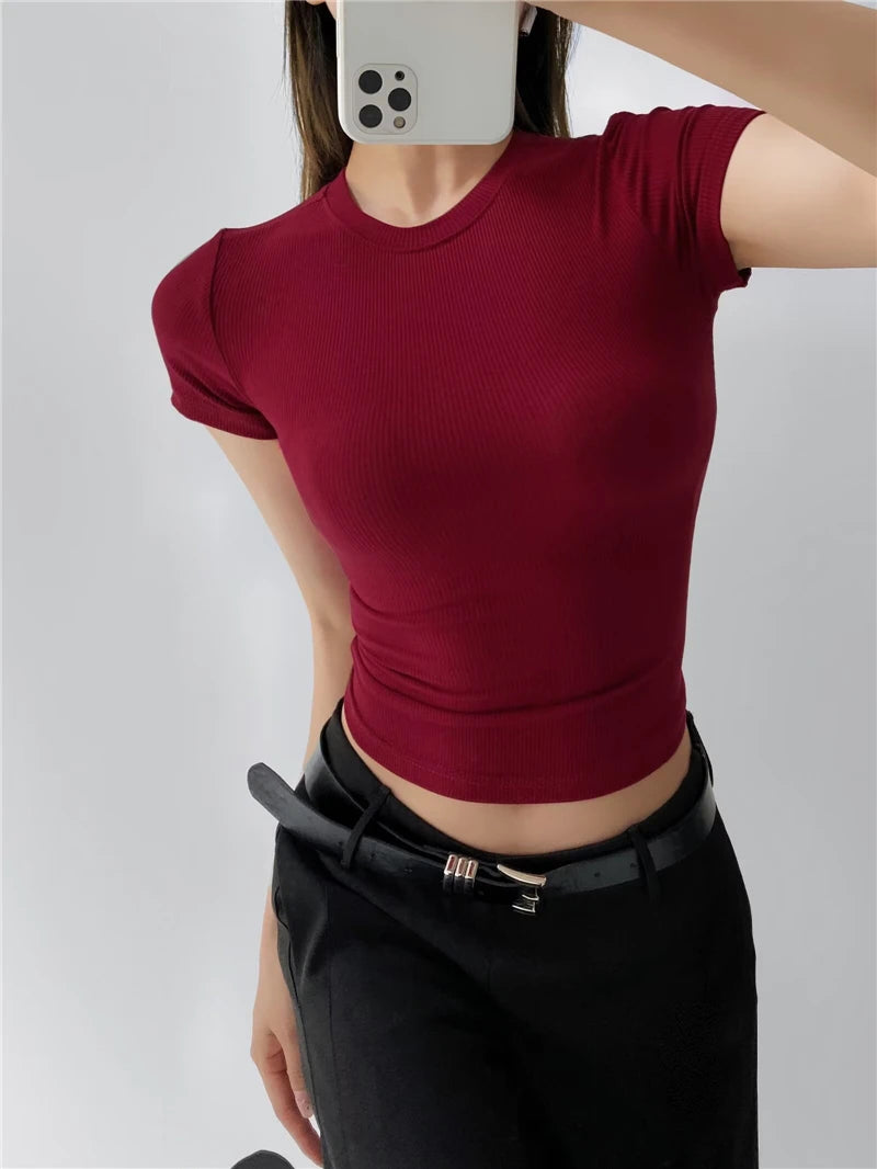 STVY Women's Slim Fit Solid Knit Tee with O-Neck - High Street Spring/Summer Top