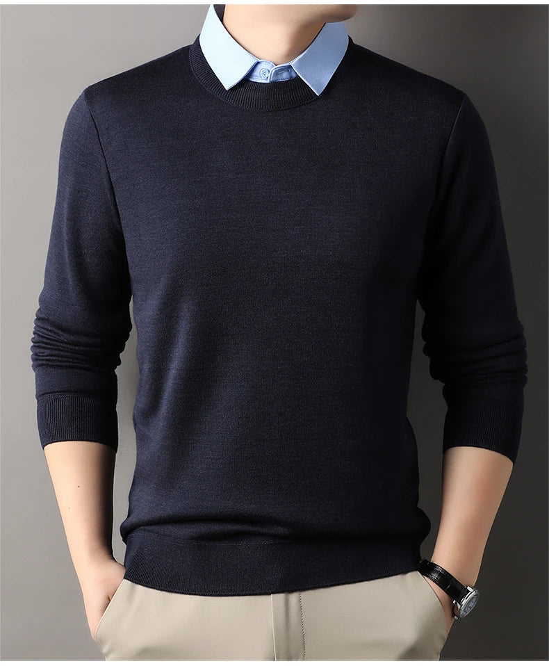 NoEnName_Null Men's Casual Pullover – Wool & Lycra Blend with Turn-Down Collar