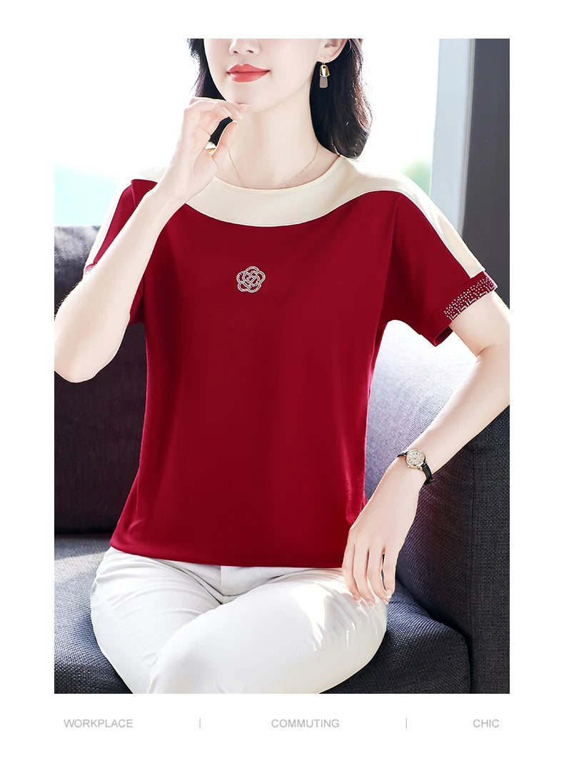 Moeroshe Women's Casual Patchwork O-Neck Tee - Cotton, Classic Style, Summer 2024 Release