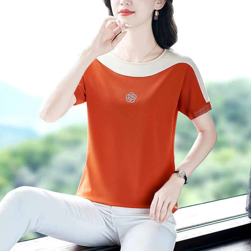 Moeroshe Women's Casual Patchwork O-Neck Tee - Cotton, Classic Style, Summer 2024 Release