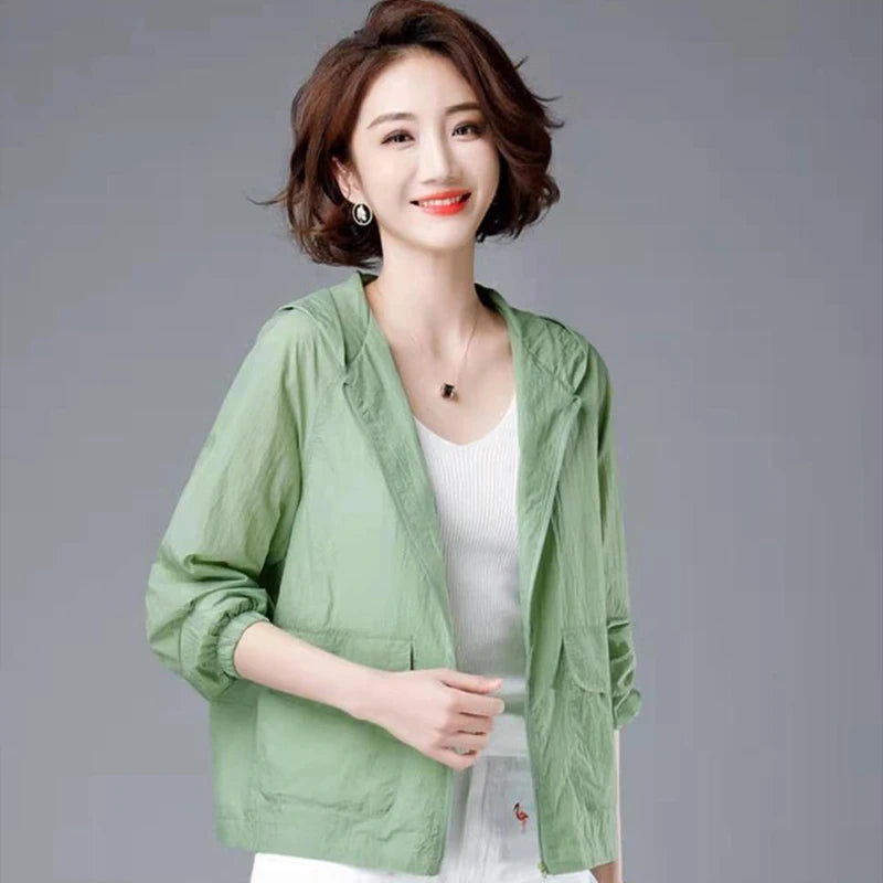 CHUJIE Women's Lightweight Hooded Summer Jacket – Office Lady Style, Zipper Closure