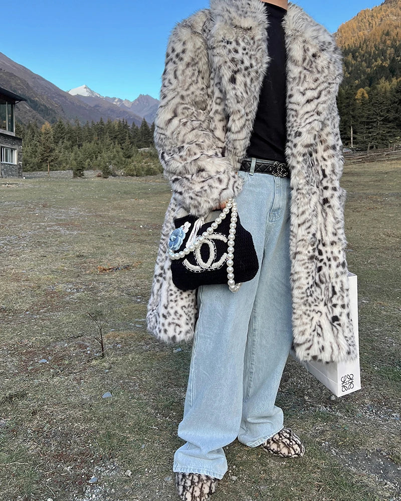 Mauroicardi Men’s Casual Leopard Faux Fur Winter Coat - Single-Breasted, Long-Length with Pockets