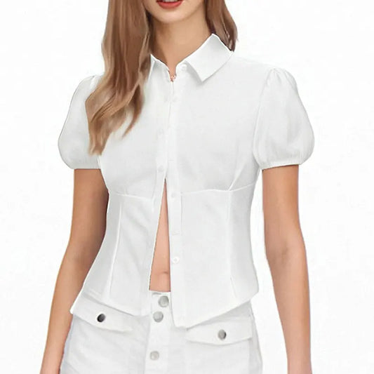 VYTB Women's Slim Fit Button-Up Tee – Turn-Down Collar, Short Sleeve, Summer Club Style