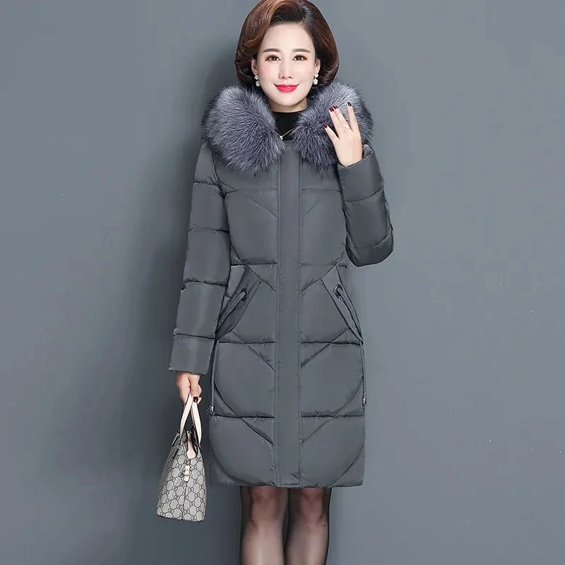 NoEnName_Null Middle-Aged WomenWinter Cotton Coat Hooded, Zipper Closure, Casual Style, Thick and Warm