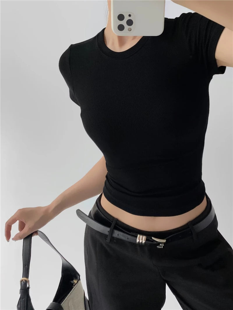 STVY Women's Slim Fit Solid Knit Tee with O-Neck - High Street Spring/Summer Top