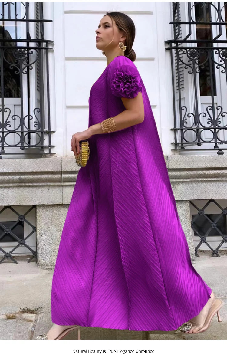 NoEnName_Null Women’s Asymmetrical Neckline A-Line Pleated Long Skirt Dress – Casual Retro Style, Mid-Calf Length