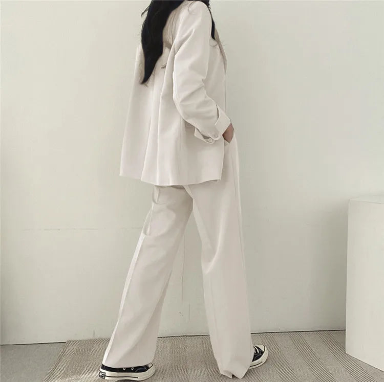 eDressU Women's Casual High-Waist Wide Leg Pant Suit - Full Length, Loose Fit, Shawl Collar, Pockets, All-Season Polyester