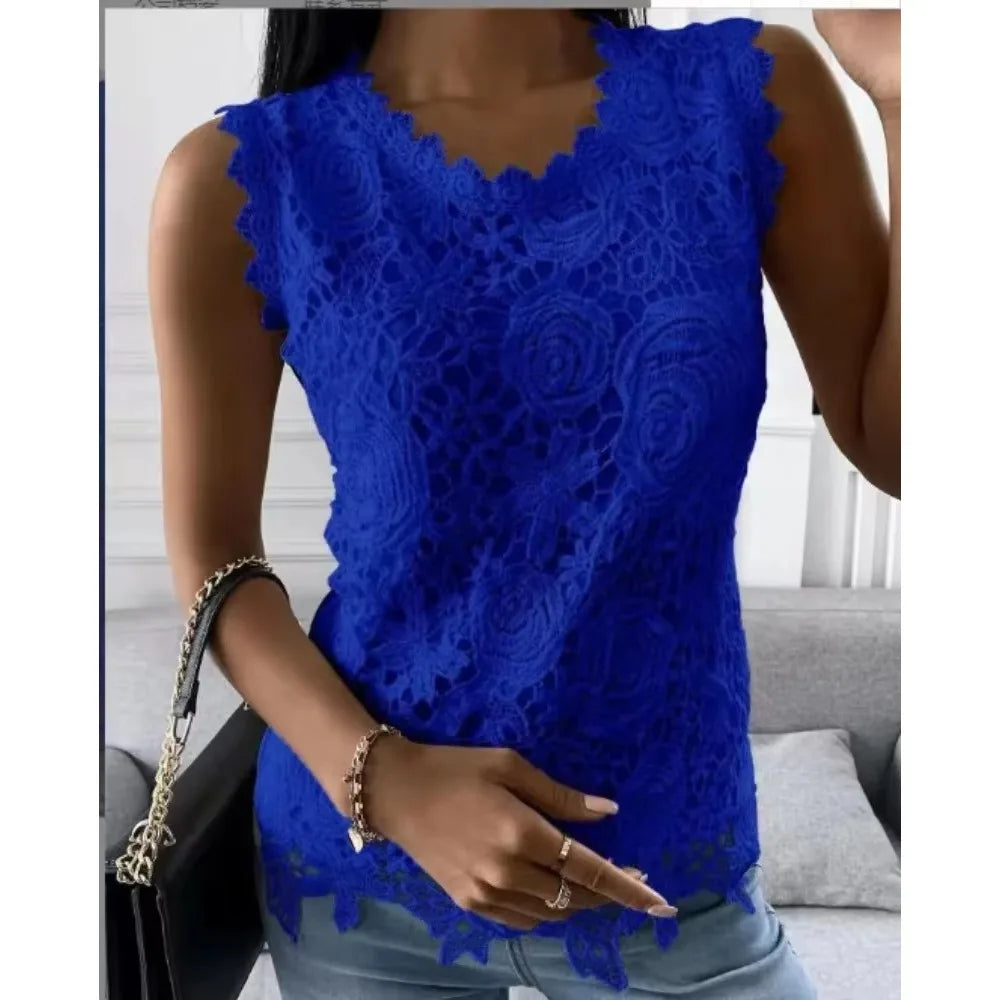 Women's Lace-Decorated Casual Tee – Spring/Summer Regular Fit Top by NoEnName_Null