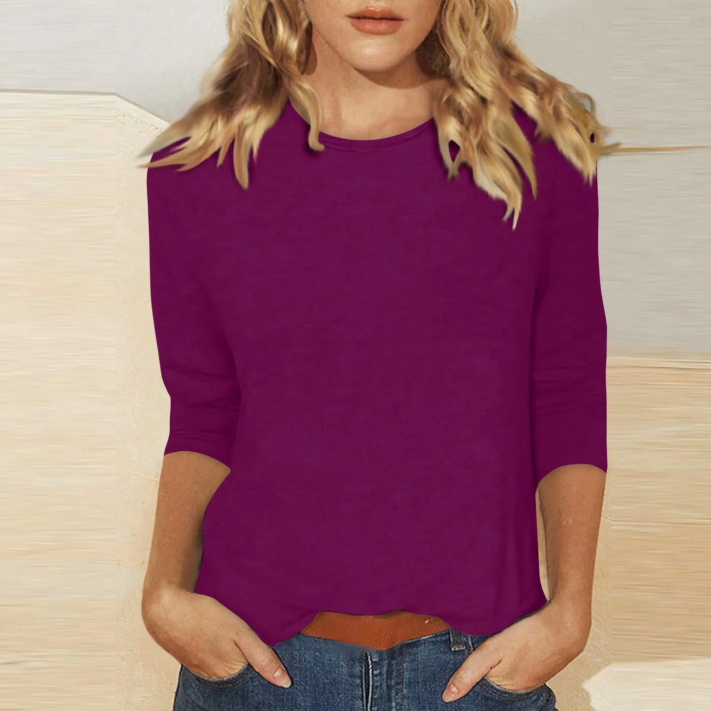 Women's Summer T-Shirts 2024 Fashion Casual Everyday Versatile O-Neck 3/4 Length Sleeve Tops Solid Color T-Shirt Tops Plus Size