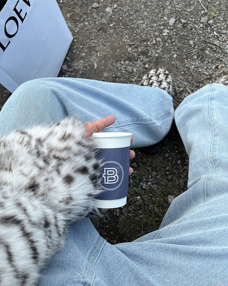 Mauroicardi Men’s Casual Leopard Faux Fur Winter Coat - Single-Breasted, Long-Length with Pockets