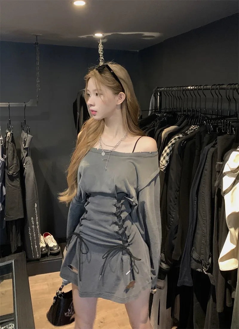 NoEnName_Null Y2K Style A-Line Mini Dress with Diagonal Collar and Bandage Detail - Autumn/Winter Fashion for Women