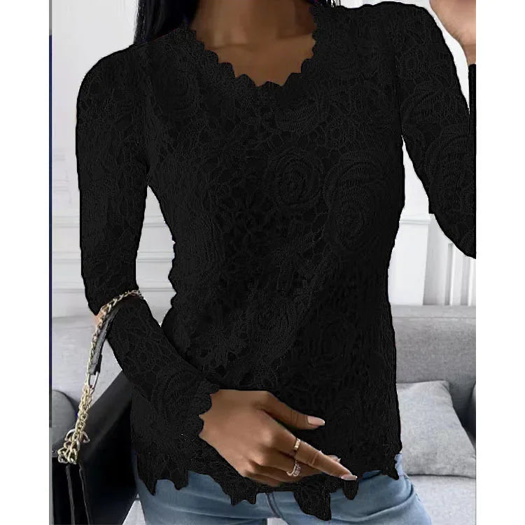 Women's Lace-Decorated Casual Tee – Spring/Summer Regular Fit Top by NoEnName_Null