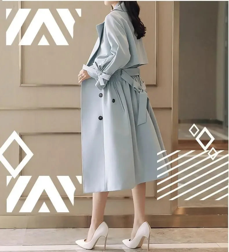 NoEnName_Null Women's Preppy Style Double-Breasted Trench Coat with Ruched and Spliced Details