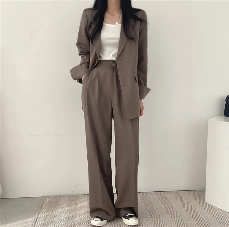 eDressU Women's Casual High-Waist Wide Leg Pant Suit - Full Length, Loose Fit, Shawl Collar, Pockets, All-Season Polyester