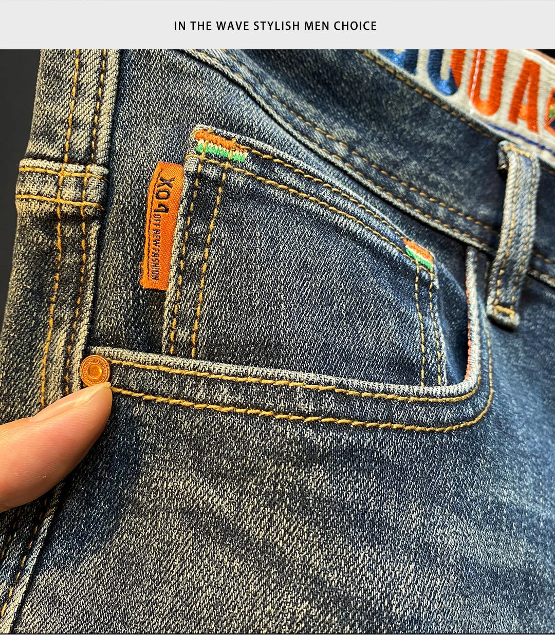 MXKSKV Men’s Slim Fit Straight-Leg Jeans. Distressed Stonewashed Denim with Badge Detail