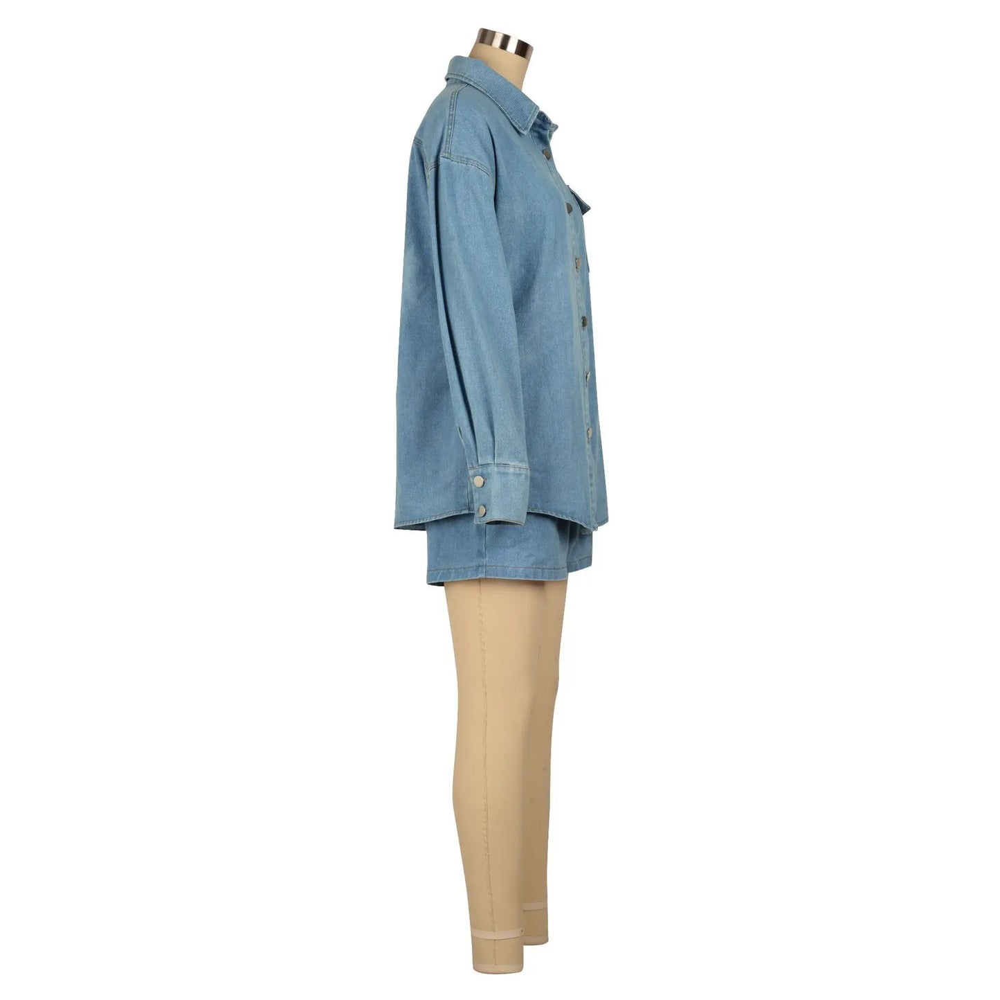 DUTRIEUX Safari Style Slim Fit Denim Shorts Set for Women - Turn-Down Collar, Full Sleeve, Mercerised Denim