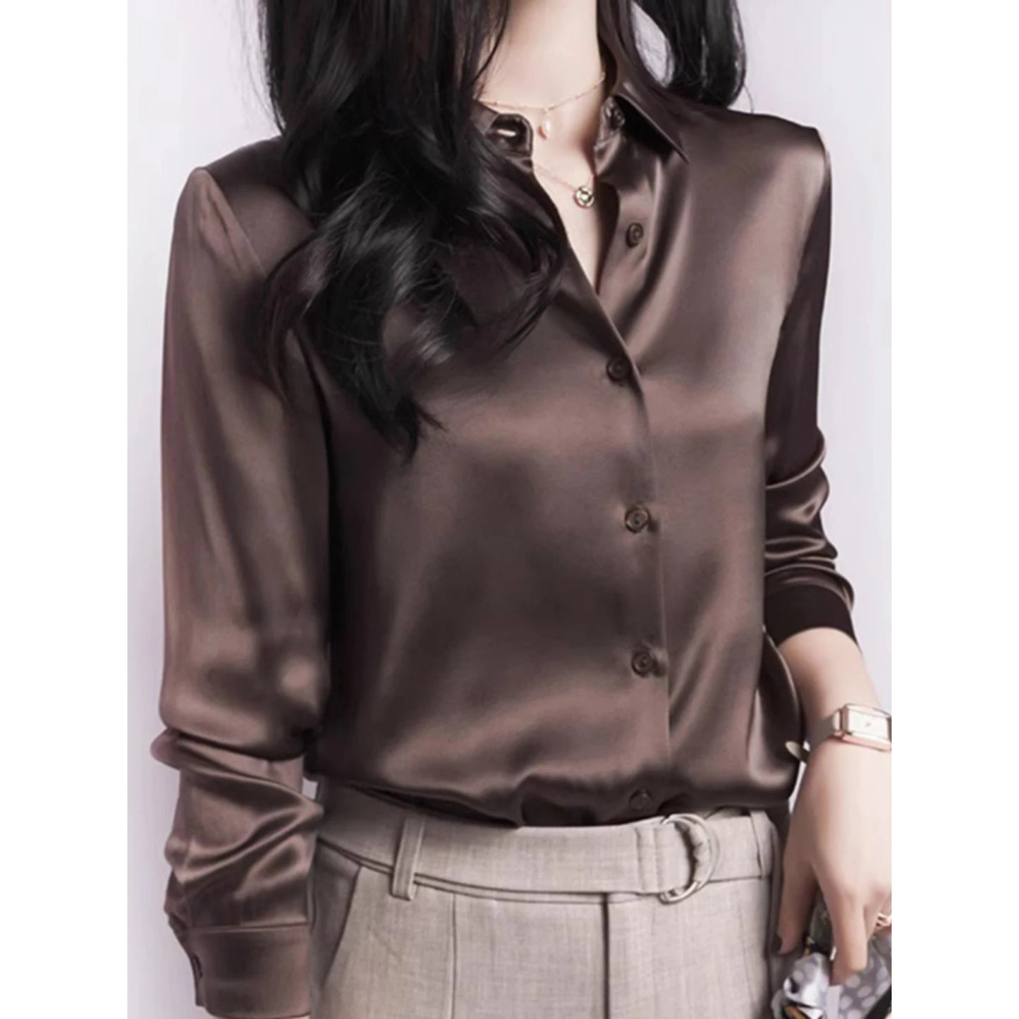 SUYISODA Women's Casual Satin Shirt - Office Lady Style with Button Decoration & Turn-down Collar