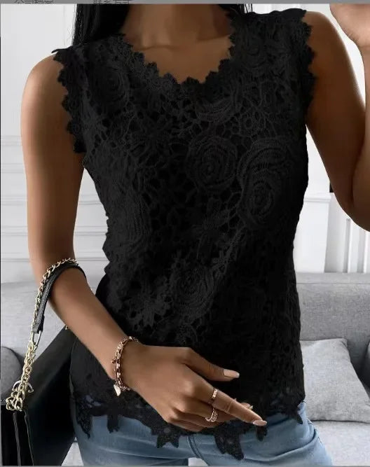 Women's Lace-Decorated Casual Tee – Spring/Summer Regular Fit Top by NoEnName_Null