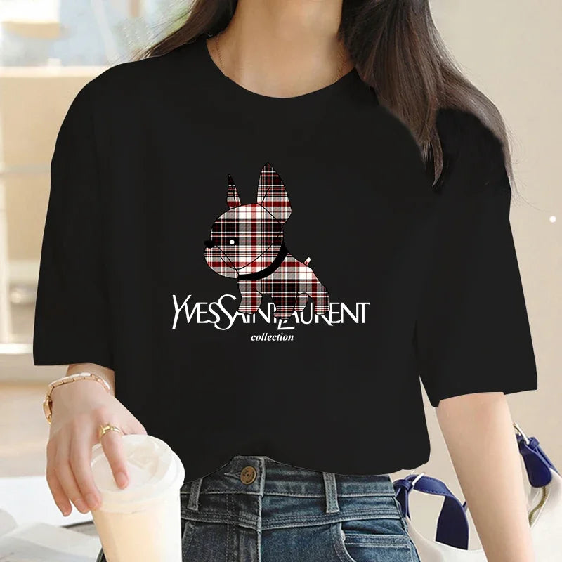 Dog Printed T-shirt Casual Letter Pattern Tops Summer Loose Clothing  y2k top