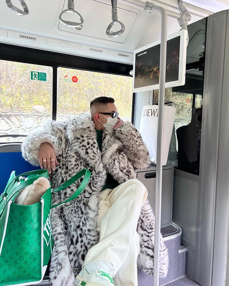 Mauroicardi Men’s Casual Leopard Faux Fur Winter Coat - Single-Breasted, Long-Length with Pockets