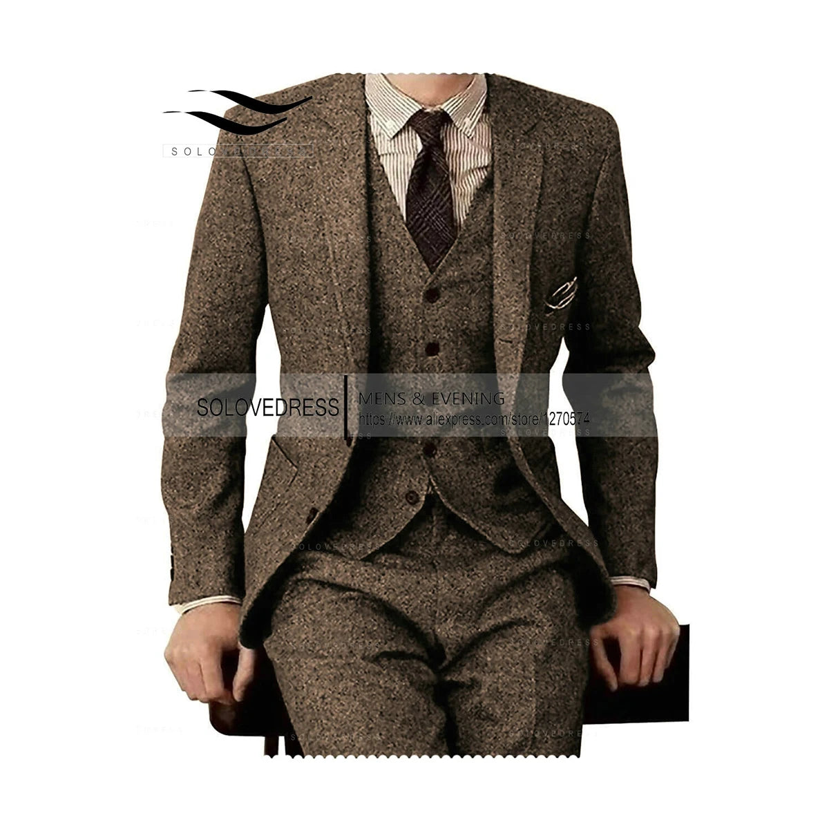 Brown Tweed Men 3 Pieces Formal Business Gentle-Mens Groom Wedding Dress Blazer Suits(Jacket+Pants+Vest)