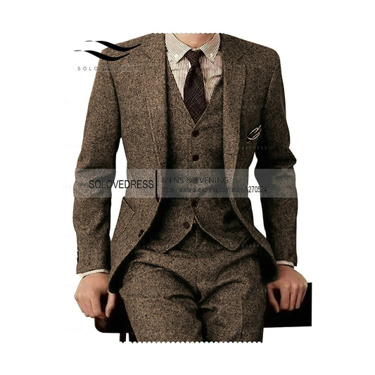 Brown Tweed Men 3 Pieces Formal Business Gentle-Mens Groom Wedding Dress Blazer Suits(Jacket+Pants+Vest)