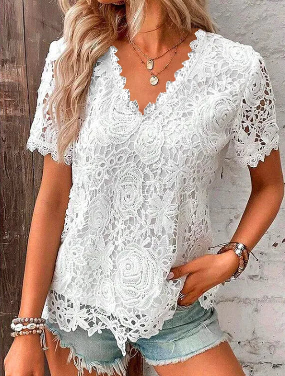 Women's Lace-Decorated Casual Tee – Spring/Summer Regular Fit Top by NoEnName_Null