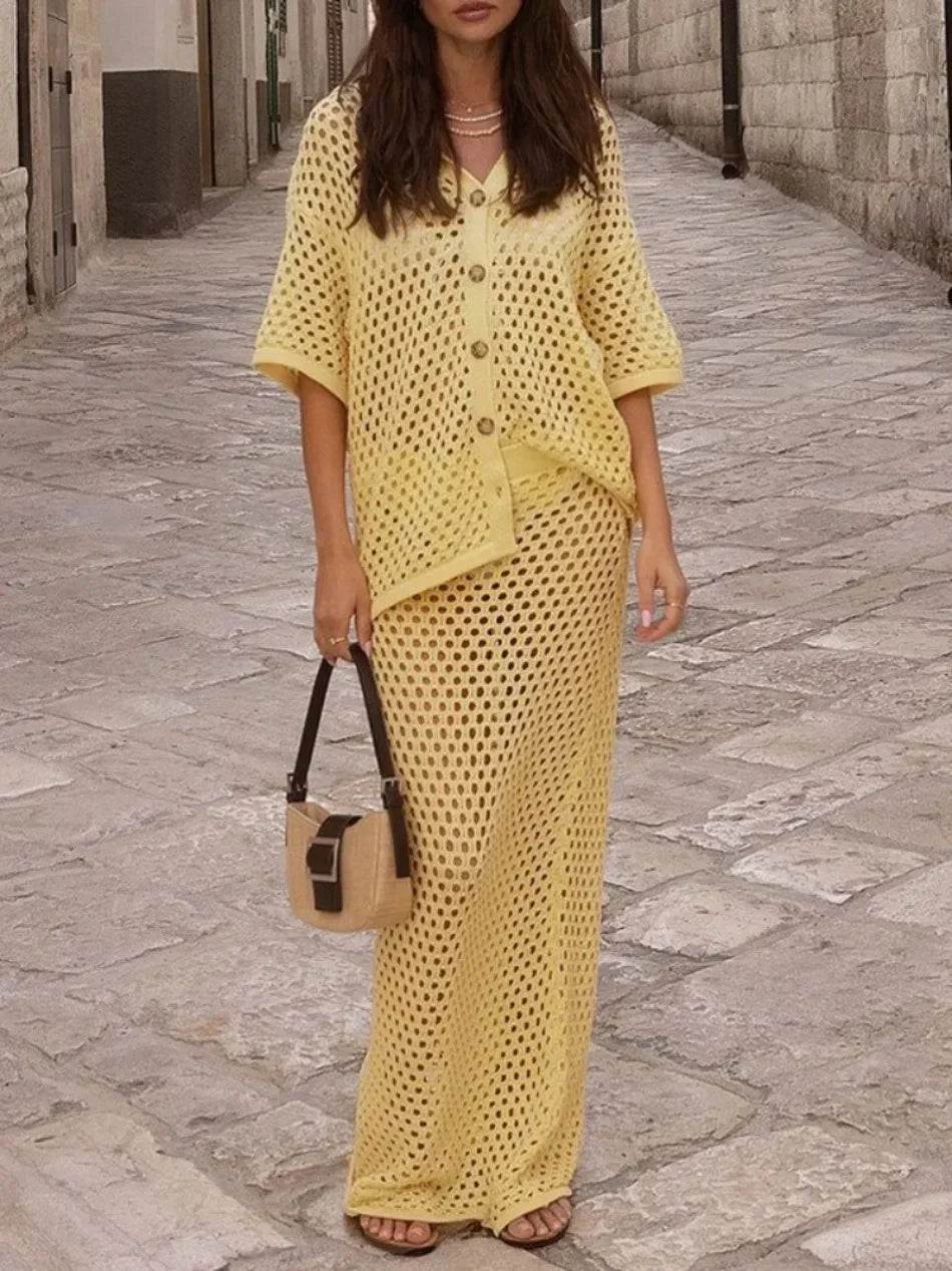 Sellysea Women’s Casual Two-Piece Skirt Set – Hollow Out Button-Up Blouse with Long Skirt | Spring/Summer 2025 Collection