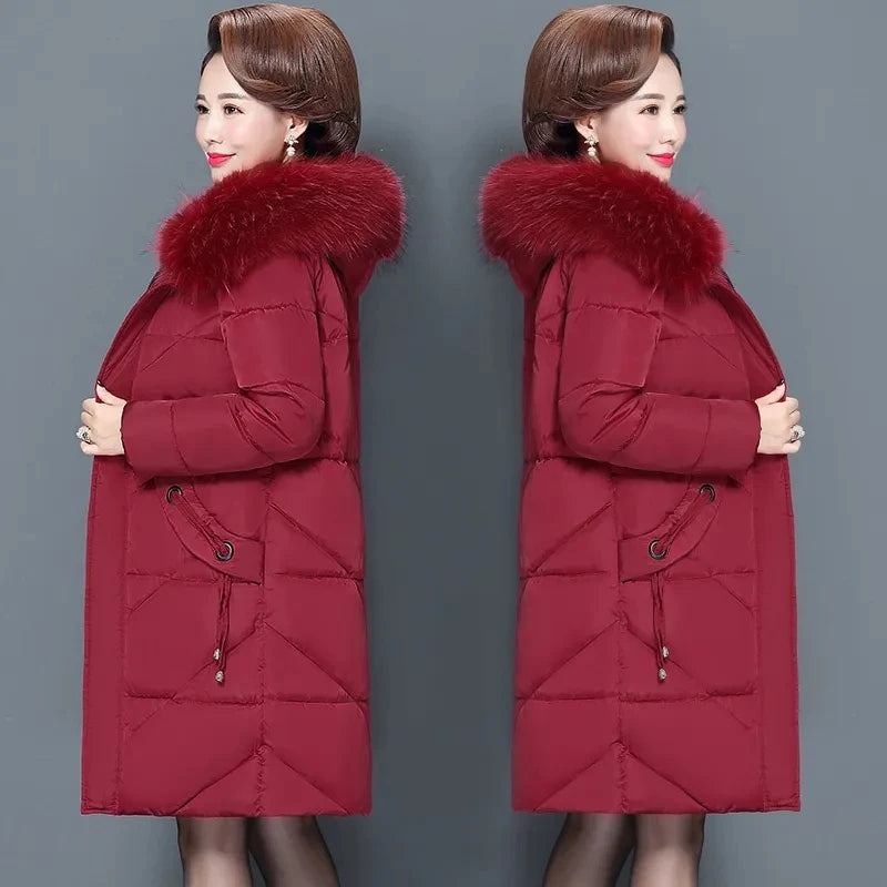 NoEnName_Null Middle-Aged WomenWinter Cotton Coat Hooded, Zipper Closure, Casual Style, Thick and Warm