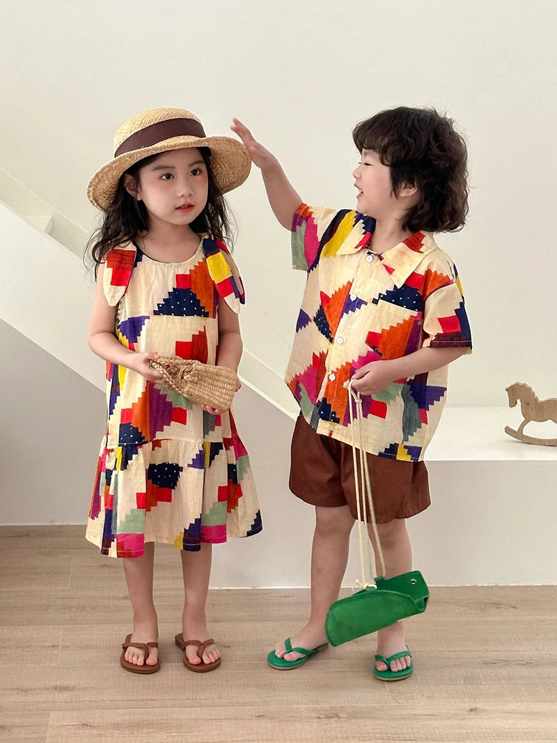 MILANCEL Summer Cotton Clothing Set for Kids (Ages 4-6Y) – Unisex Vacation Outfit with Printed Shirt and Shorts