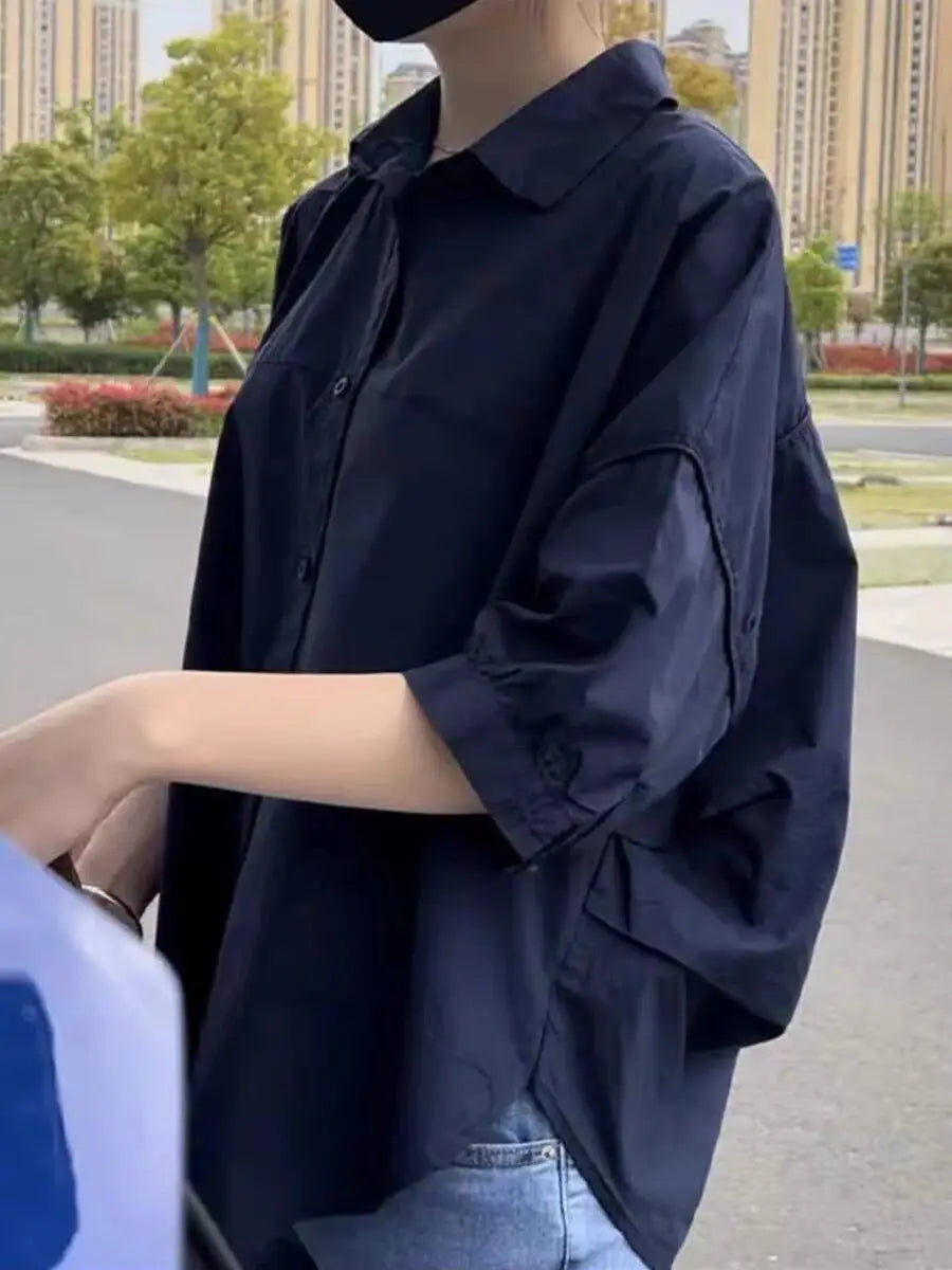 NoEnName_Null Women's Loose Fit Casual Shirt – Turn-down Collar Batwing Sleeve Cardigan