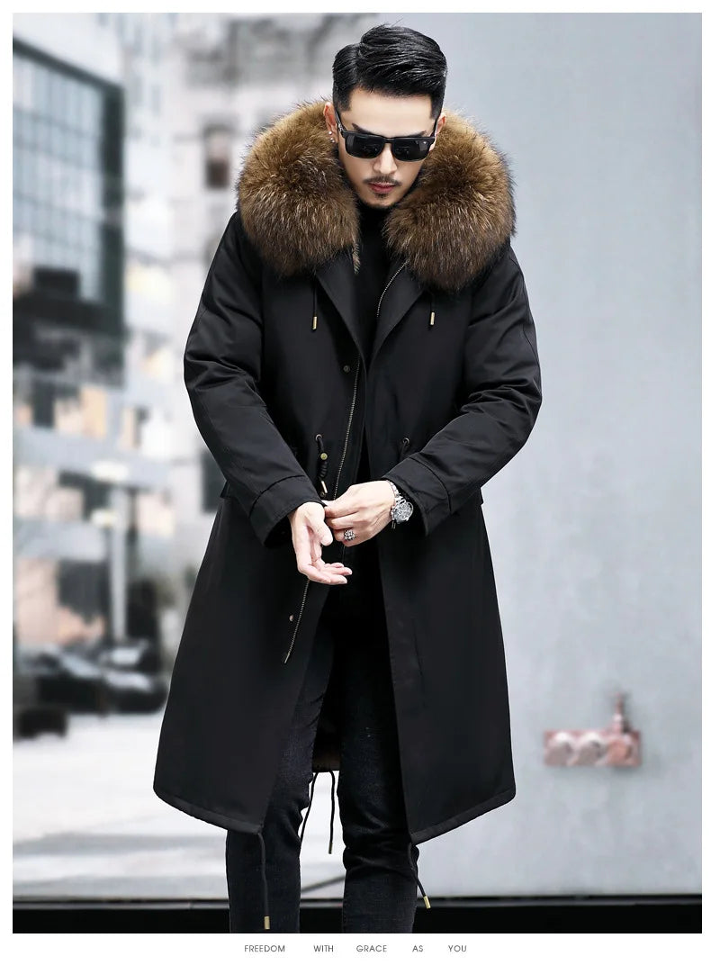 FURTJY Men's High Street Winter Coat – Real Fox Fur Lining, Raccoon Fur Collar, Zipper Closure, Casual Slim Fit