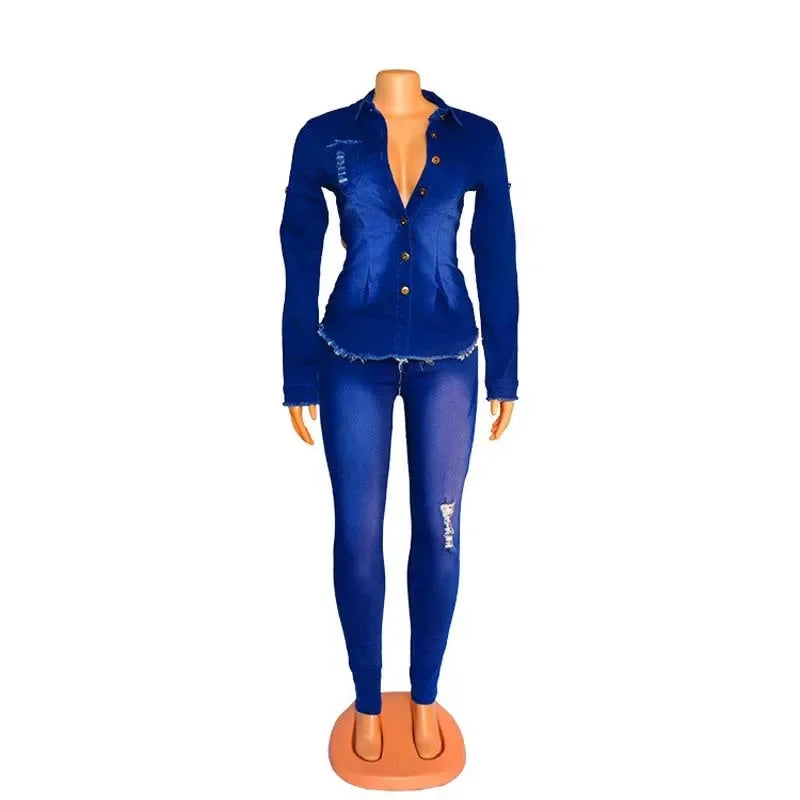 Wulend Casual Denim Two-Piece Set for Women - Solid Button-Front Turn-Down Collar Skinny Fit Jeans Suit