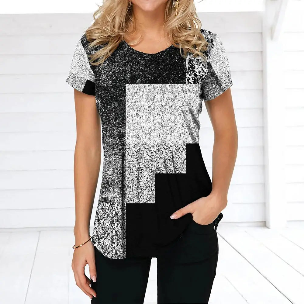 NoEnName_Null Women’s 3D Print Patchwork T-Shirt – Casual American Retro O-Neck Short Sleeve Top