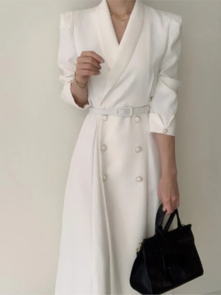 NoEnName Women's Office Lady A-Line Mid-Calf Dress – Double Breasted, Notched Neckline, and Sashes Decoration