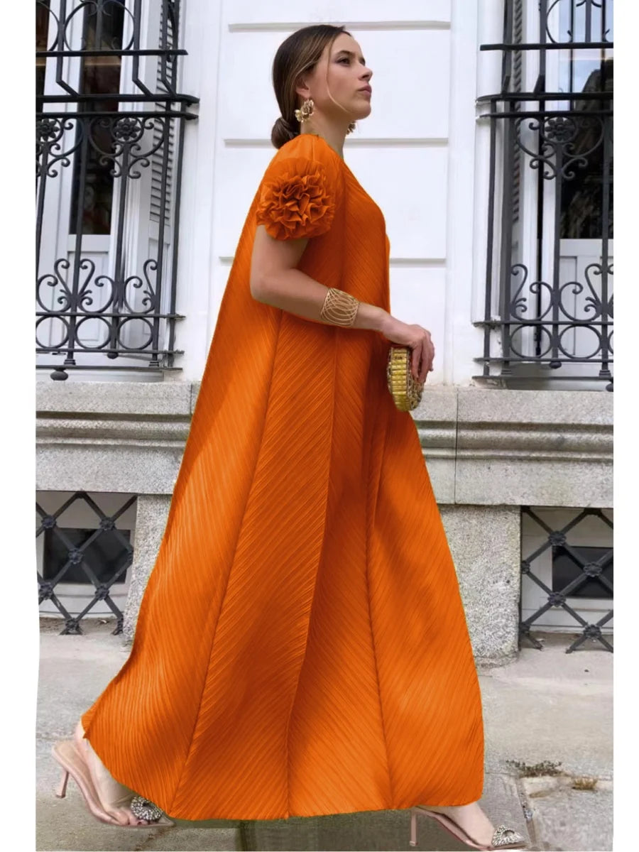 NoEnName_Null Women’s Asymmetrical Neckline A-Line Pleated Long Skirt Dress – Casual Retro Style, Mid-Calf Length