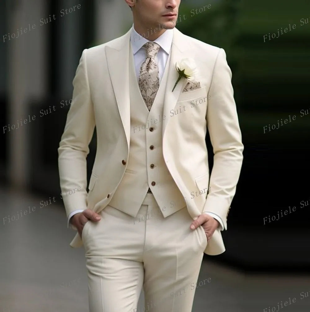 Fiojiele Men's Formal Wedding Suit - Cotton-Polyester Blend, Single Breasted, Four-Season Comfort