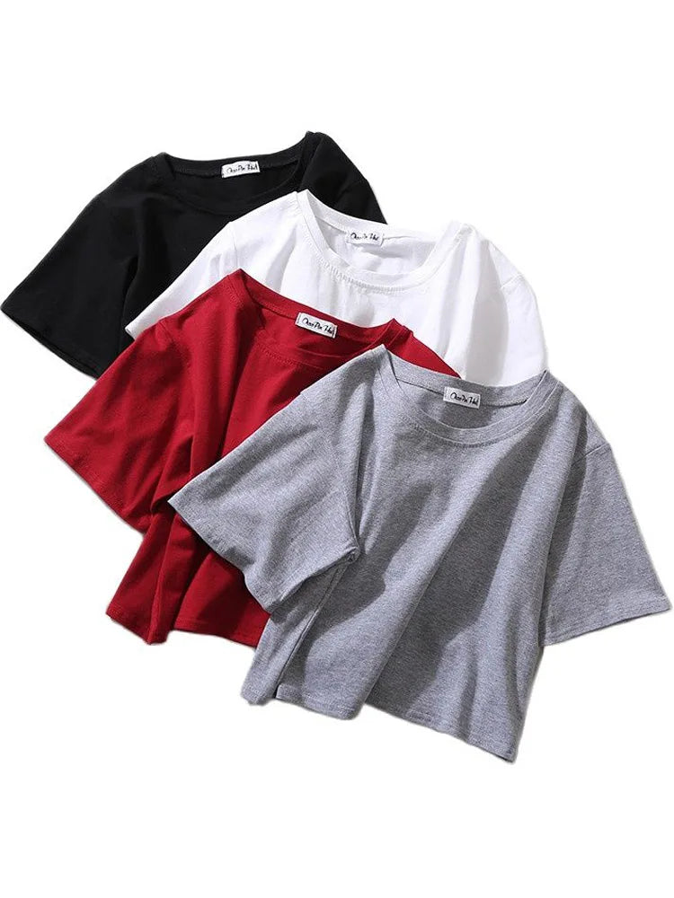 Summer Short Sleeve T Shirts Women  Solid O Neck High Waist Crop Top Tee Female Casual Loose T Shirt