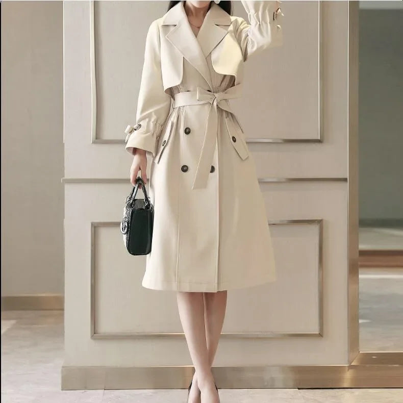 NoEnName_Null Women's Preppy Style Double-Breasted Trench Coat with Ruched and Spliced Details