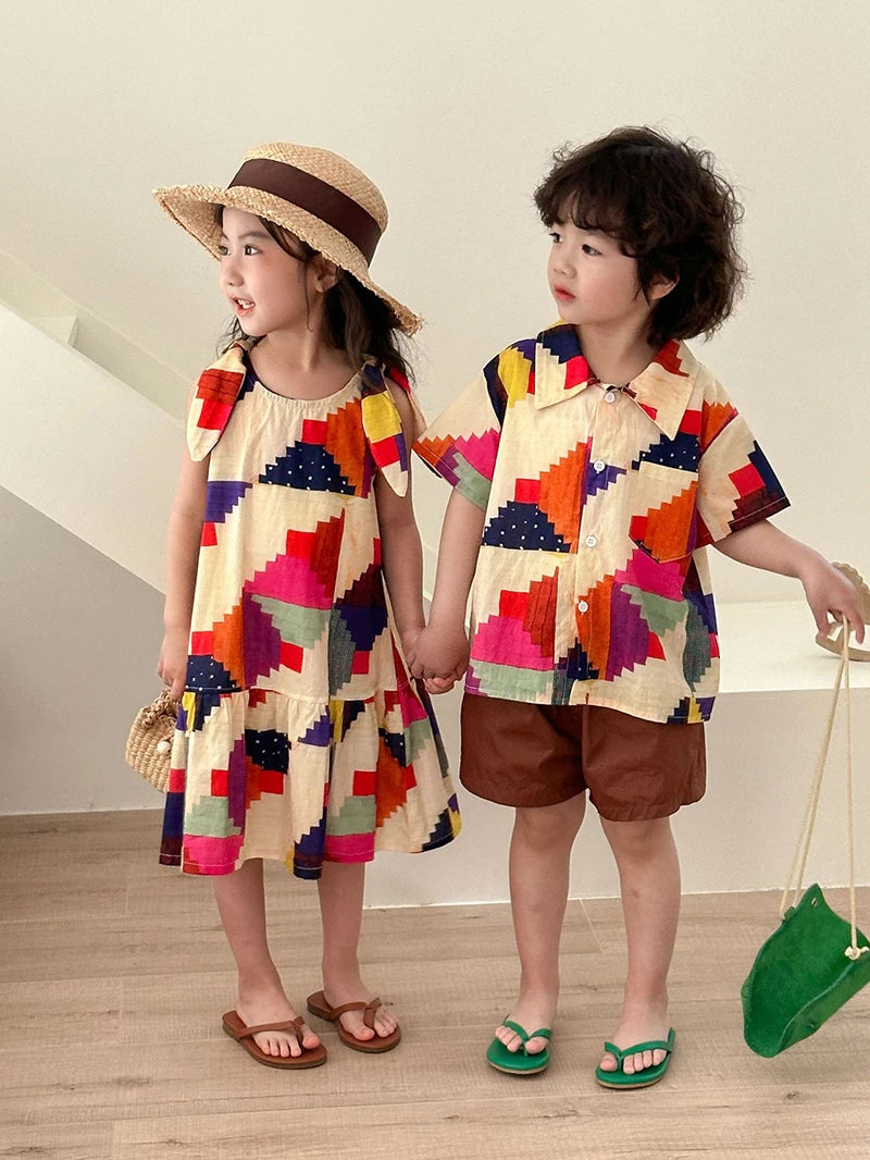 MILANCEL Summer Cotton Clothing Set for Kids (Ages 4-6Y) – Unisex Vacation Outfit with Printed Shirt and Shorts